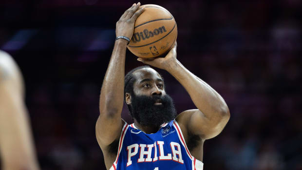 76ers guard James Harden shoots vs. the Celtics.